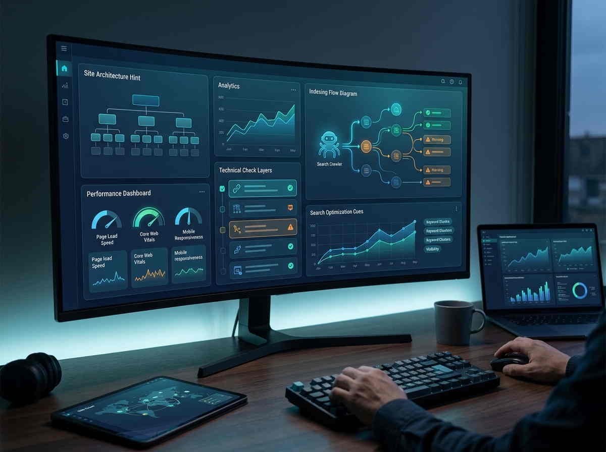 Painel de auditoria técnica com arquitetura, desempenho e indexação de um site