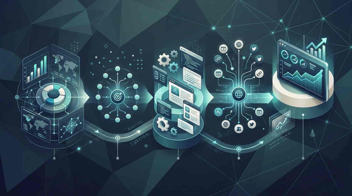 Processo de SEO conectado entre diagnóstico, estratégia, implementação e mensuração