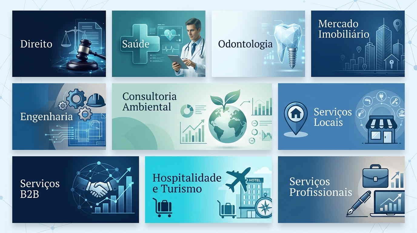 Mosaico com setores atendidos por estratégias de SEO: Direito, Saúde, Odontologia, Mercado Imobiliário, Engenharia, Consultoria Ambiental, Serviços Locais, Serviços B2B, Hospitalidade e Turismo e Serviços Profissionais