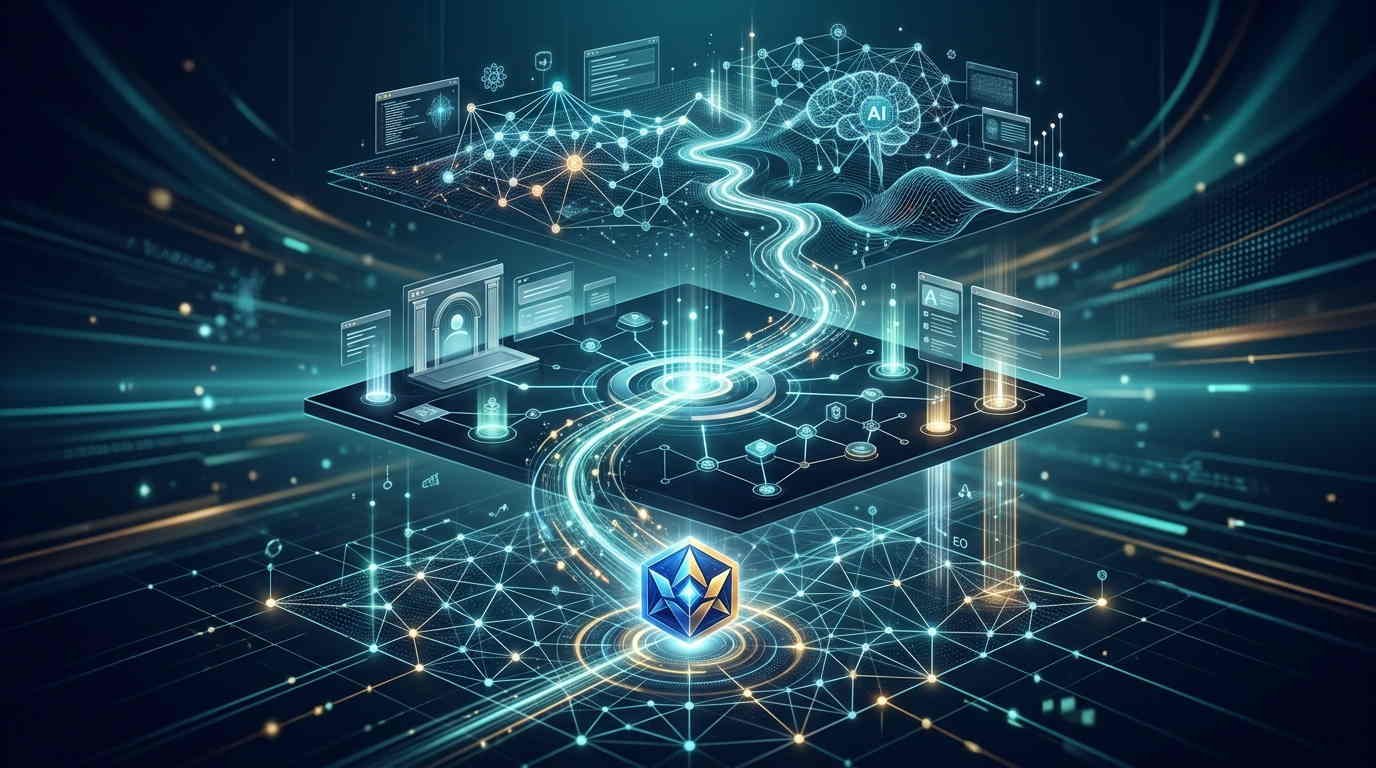 Ecossistema conectando SEO, mecanismos de resposta e inteligência artificial generativa