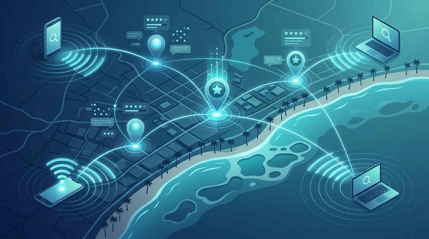 Mapa de Maceió com pontos de negócios conectados a pesquisas locais